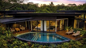 A modern house with a swimming pool, outdoor seating, and lush greenery.