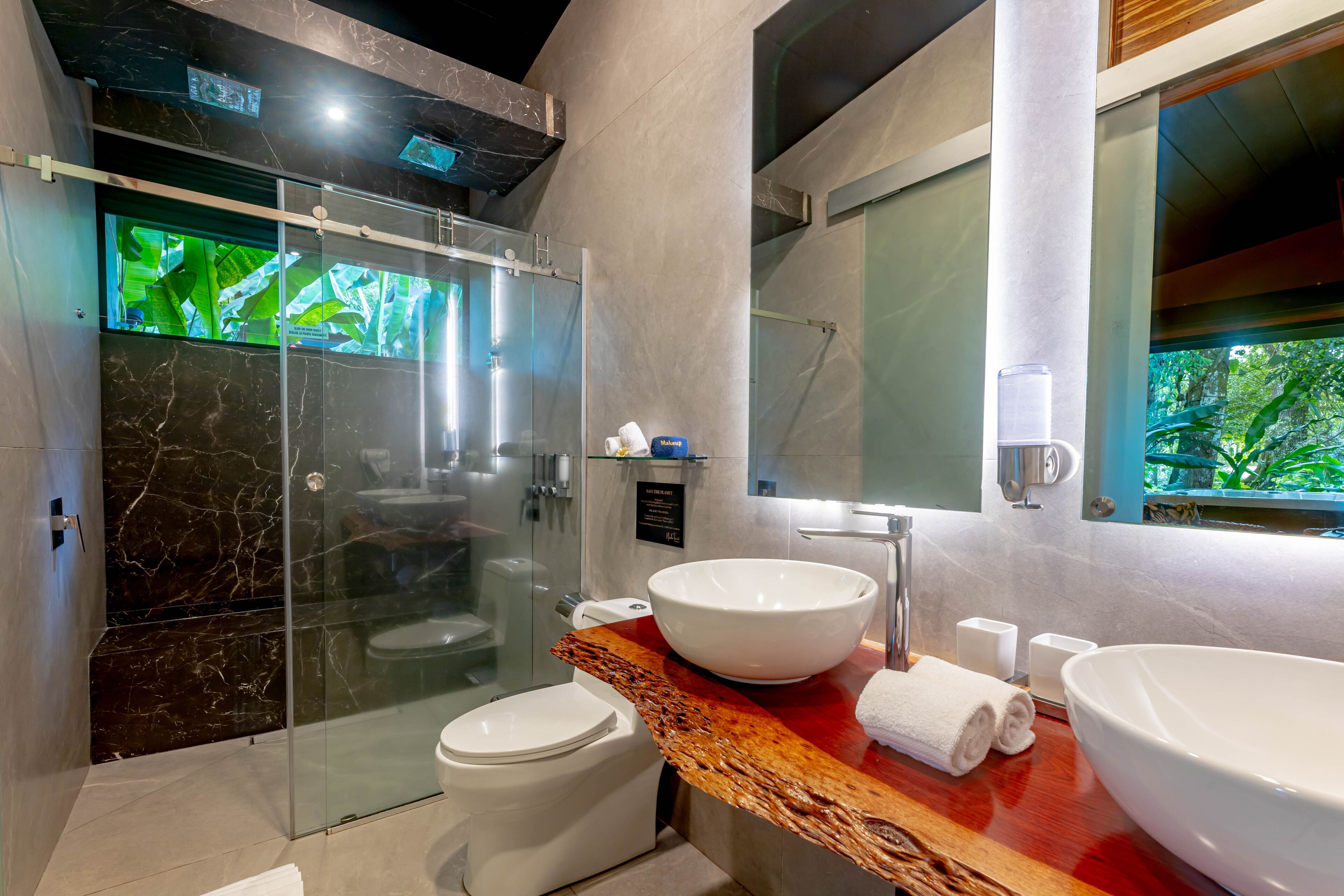 shower, rainfall showerhead, hair dryer, towels