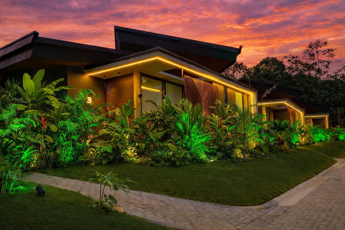 A modern house with a well-maintained garden and a paved pathway.