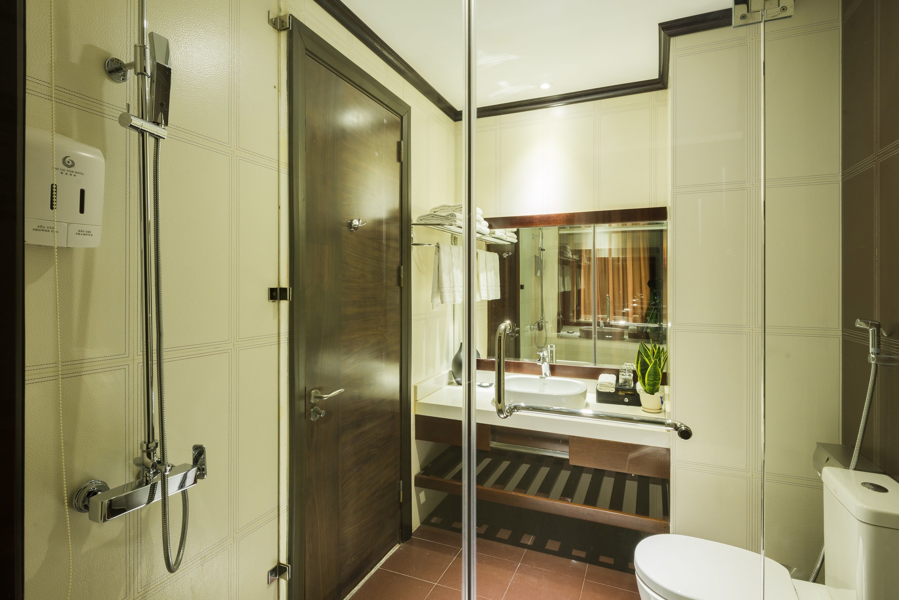A modern bathroom with a glass shower enclosure, a sink, and a toilet.