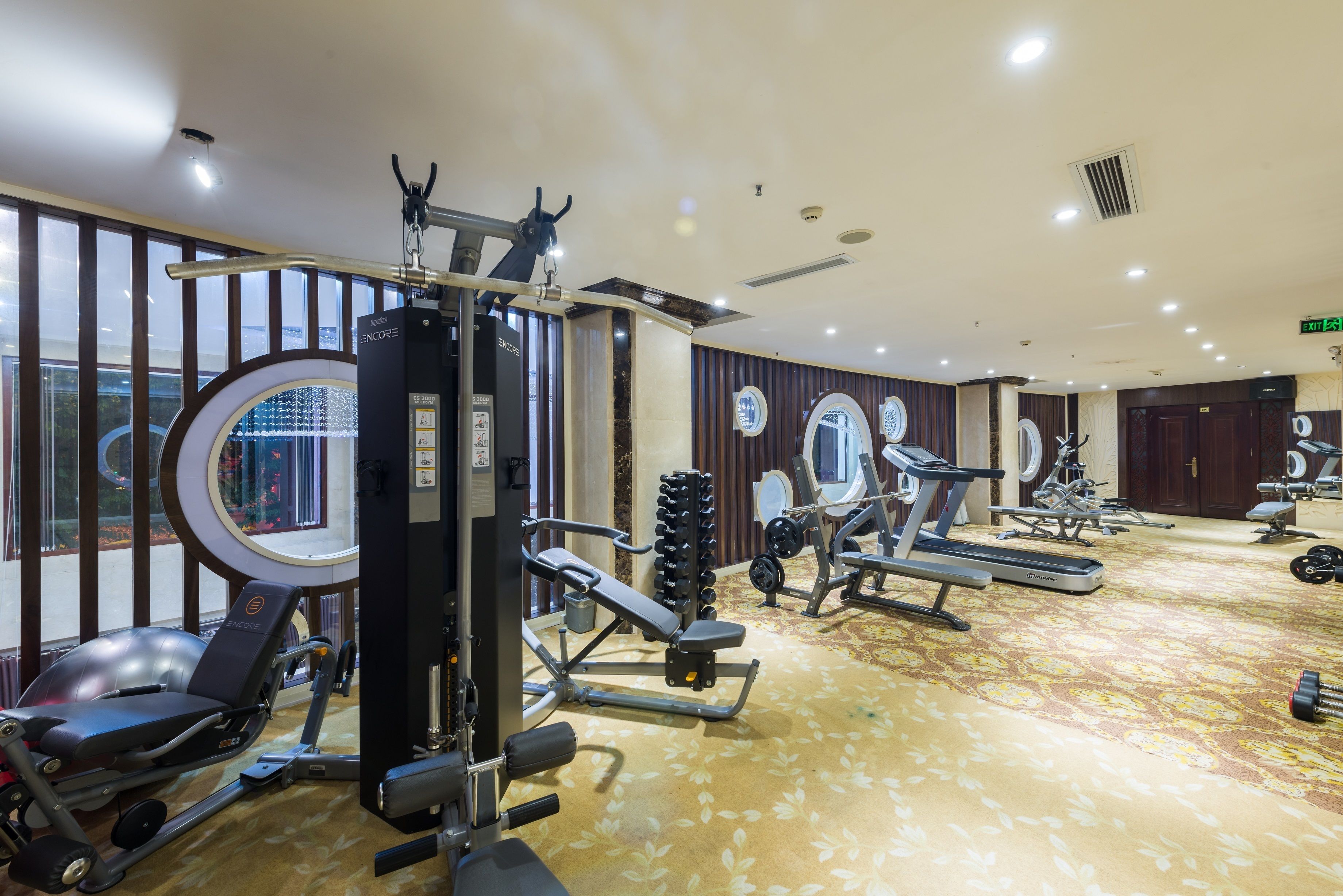 A gym with various exercise equipment, including treadmills and weight machines, in a room with large windows and a patterned carpet.