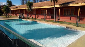 Seasonal outdoor pool, pool umbrellas