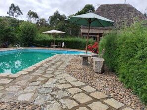 Outdoor pool, pool umbrellas, pool loungers