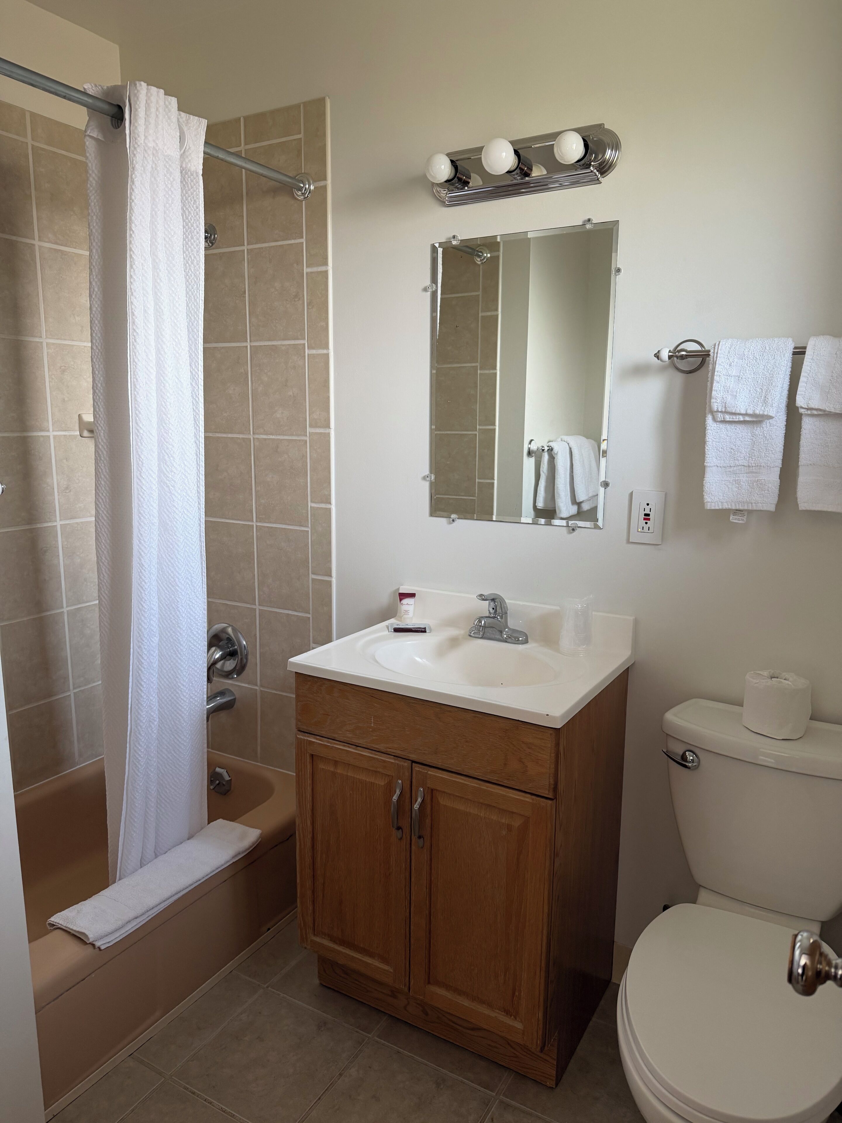 A bathroom with a shower, a sink, a toilet, and a mirror with lights above it.