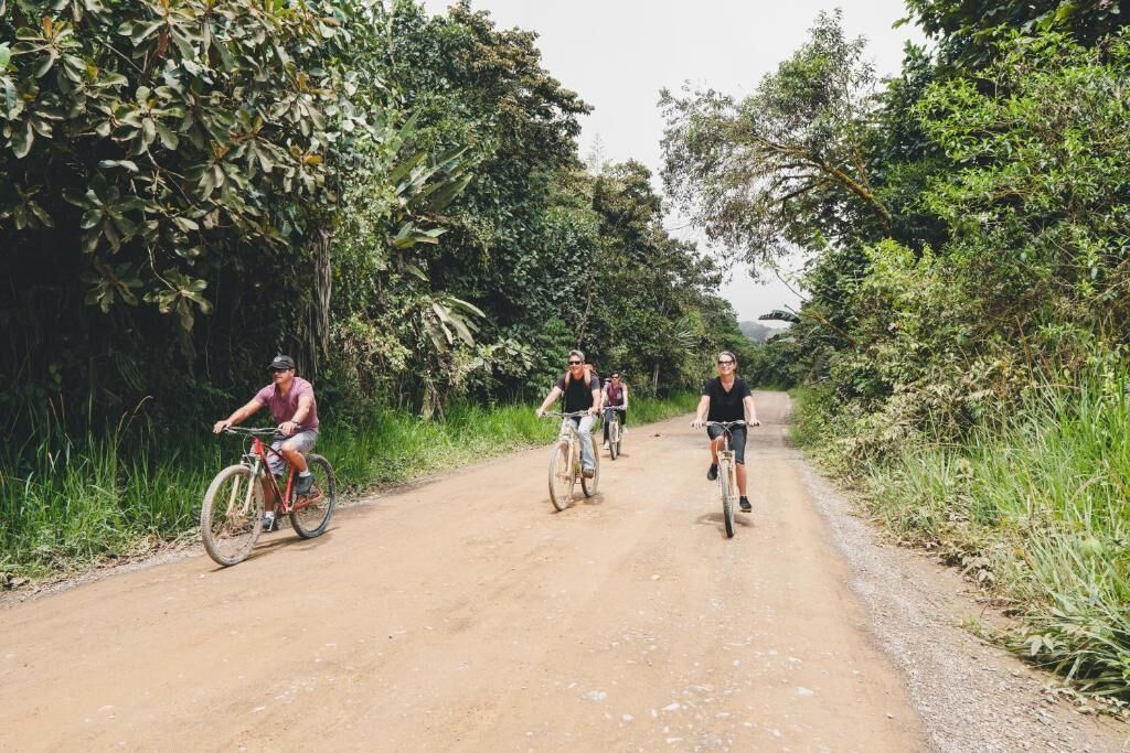 Uma trilha de terra com ciclistas, cercada por vegetação densa.