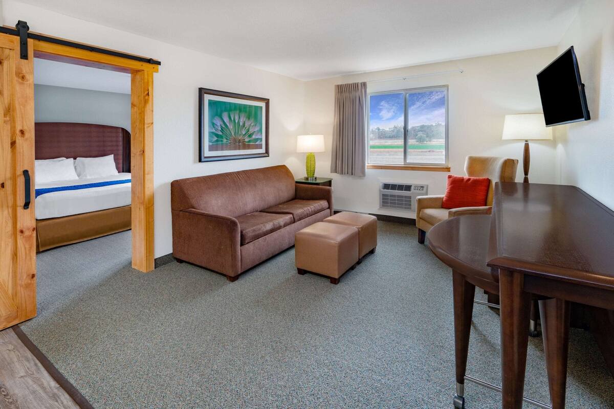 A hotel room with a bed, a brown sofa, a small table, a TV, and a window with a view.