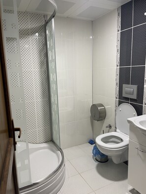 Chambre simple | Salle de bain | Douche, pantoufles, serviettes fournies