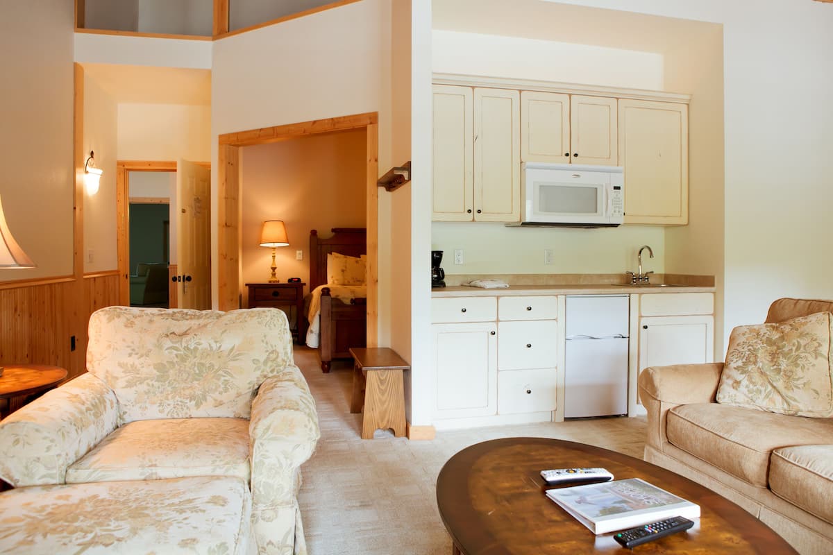 Phòng Suite tiện nghi đơn giản, 1 giường cỡ queen và sofa giường, quang cảnh sân vườn | Khu phòng khách | TV màn hình phẳng 42-inch có truyền hình vệ tinh, TV, lò sưởi