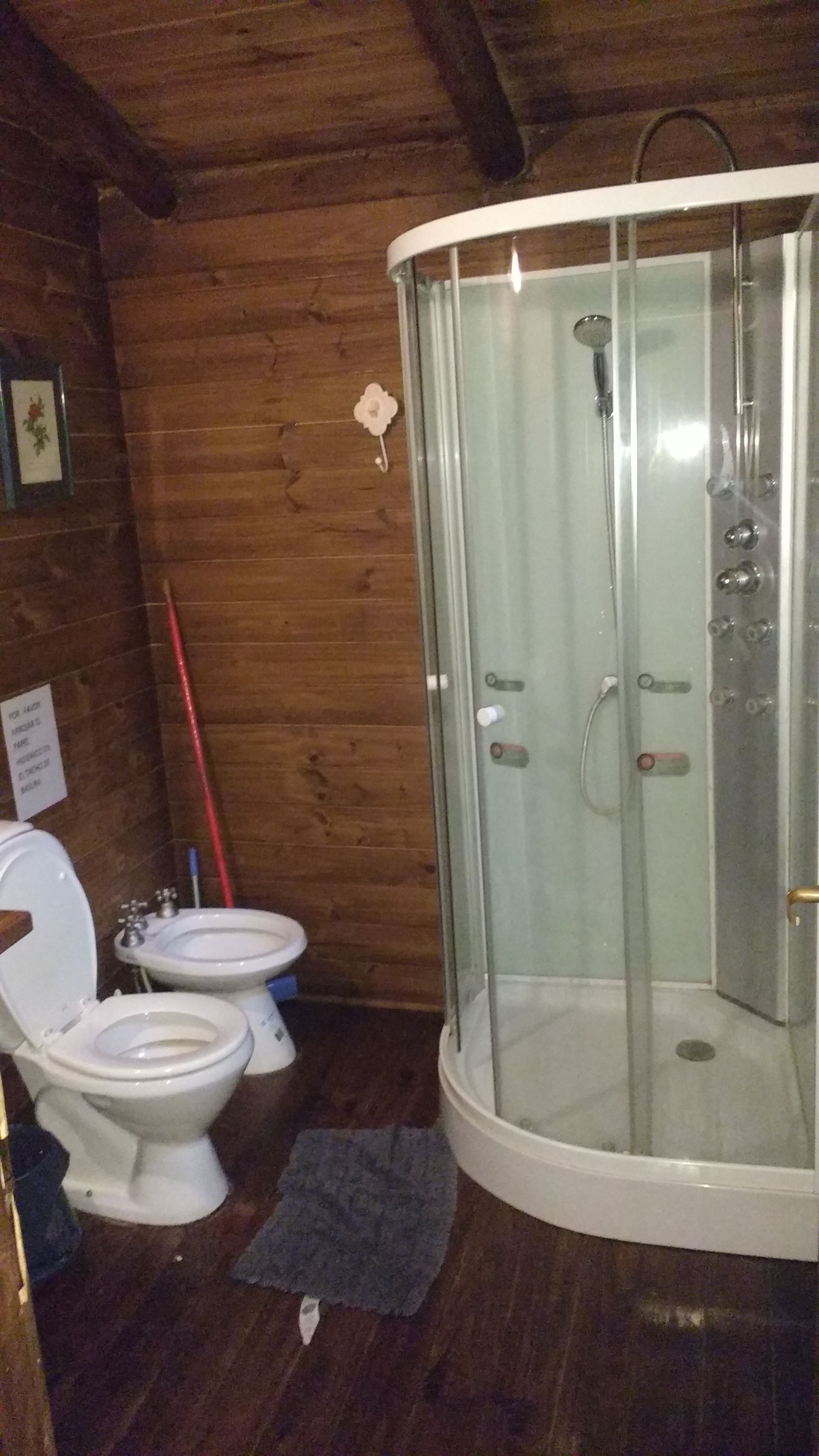 A bathroom with two toilets, a shower enclosure, and wooden walls.