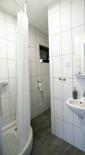 A modern bathroom with white tiles, a shower with a curtain, a toilet, a sink, and a mirror.