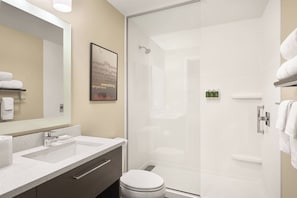 Monolocale, 1 letto king con divano letto, vista città | Bagno | Set di cortesia gratuito, asciugacapelli, asciugamani, sapone