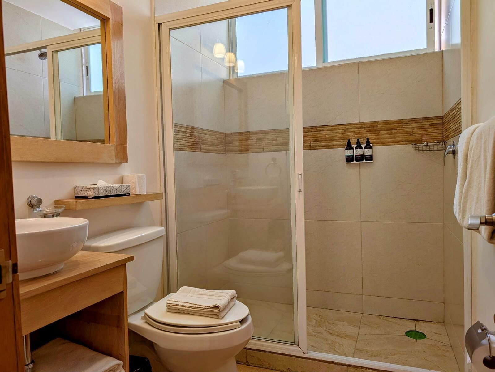 A modern bathroom with a glass-enclosed shower, a sink, and a toilet.