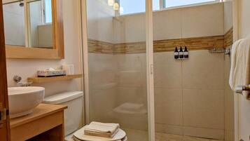 A modern bathroom with a glass-enclosed shower, a sink, and a toilet.