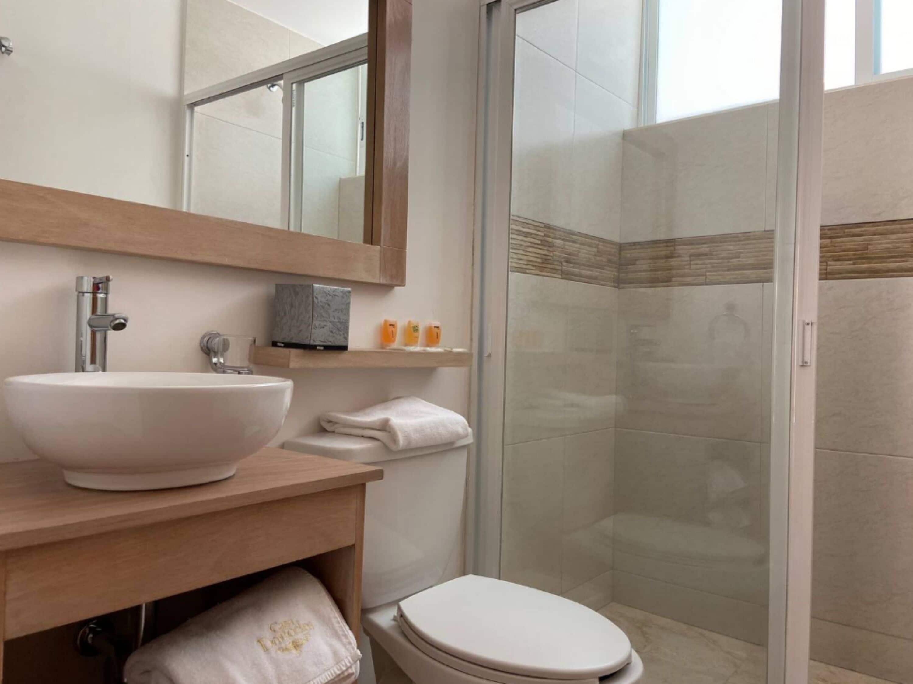 Un baño con un lavabo grande de color blanco, un espejo, un inodoro y una cabina de ducha de cristal.
