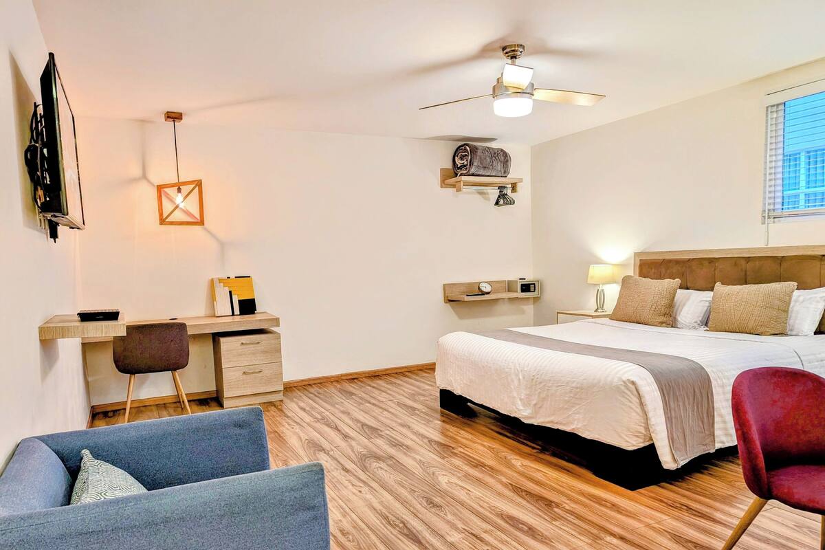 Una habitación de hotel moderna con cama, escritorio, silla y ventilador de techo.