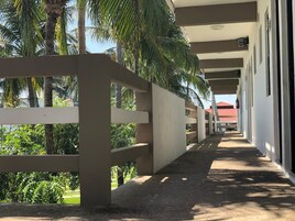 Un paseo techado con suelo de hormigón, bordeado por un muro bajo y palmeras.