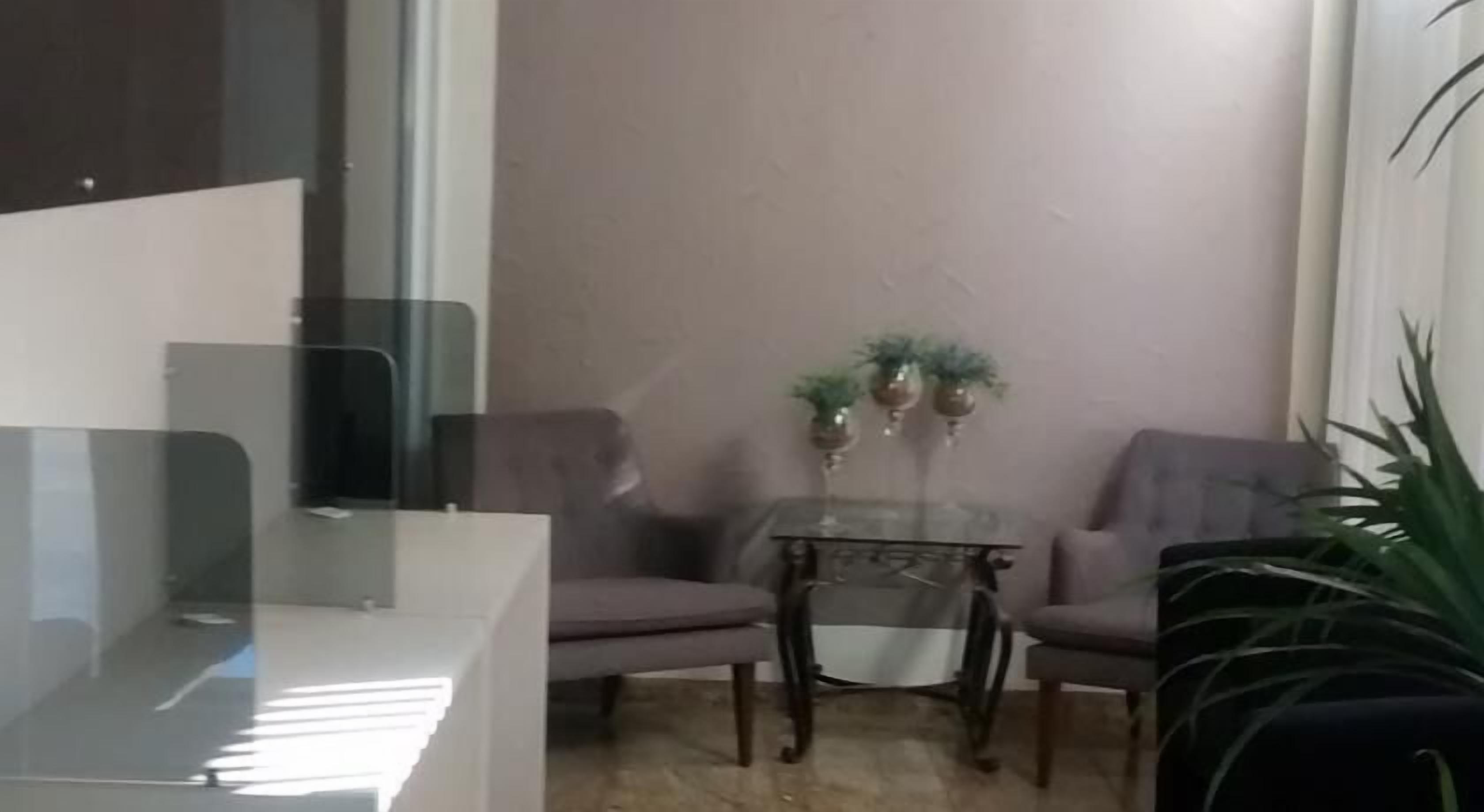 Ein Wohnzimmer mit Glastisch, zwei Sesseln, einem Fernseher und einer Topfpflanze.