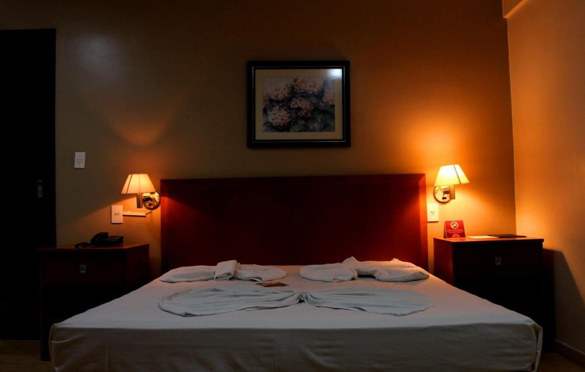 Una habitación de hotel con una cama grande, dos mesitas de noche, un cabecero, un cuadro enmarcado en la pared y dos lámparas fijadas a la pared.