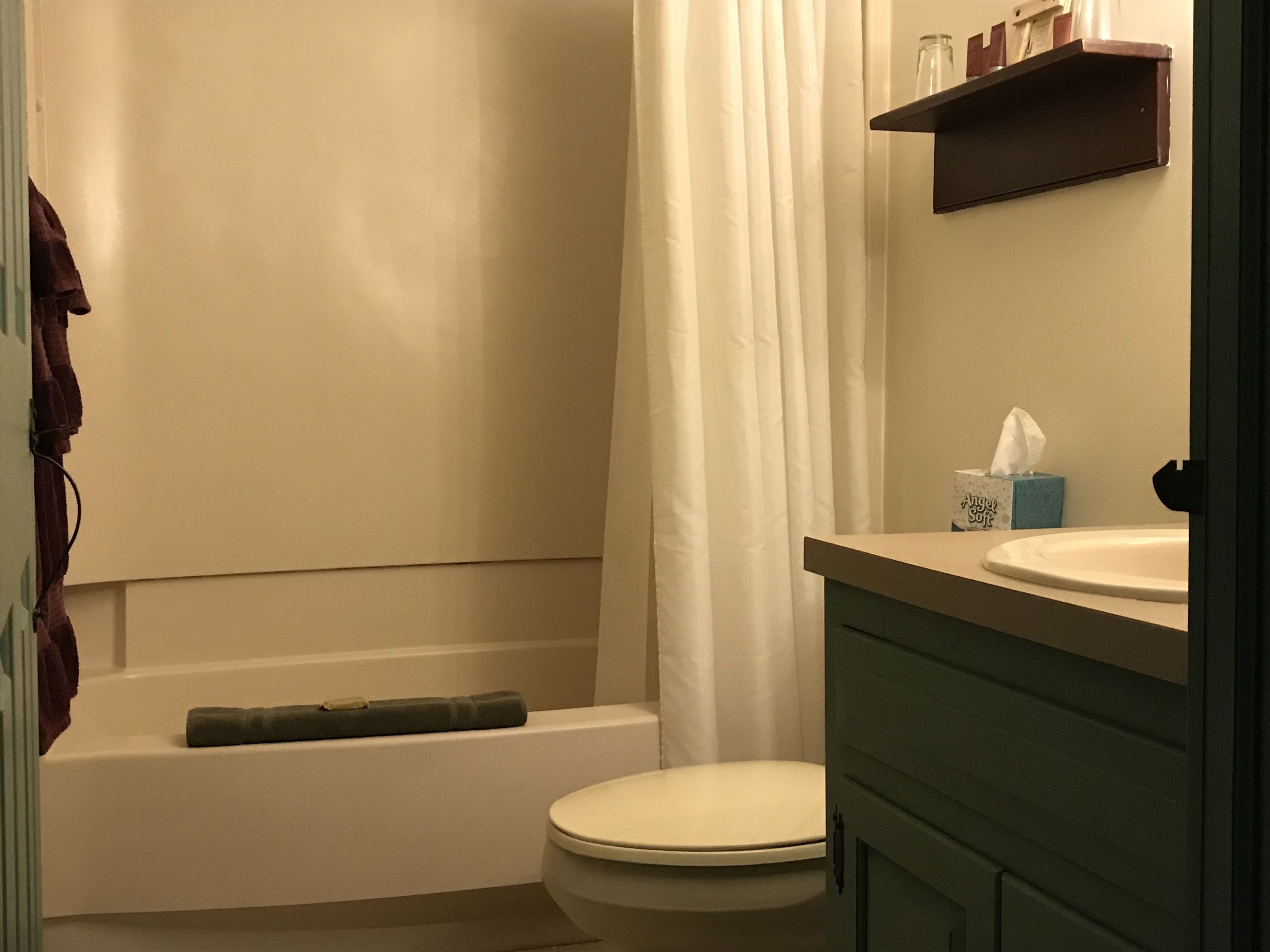 Un bagno con vasca, servizi igienici e lavandino.
