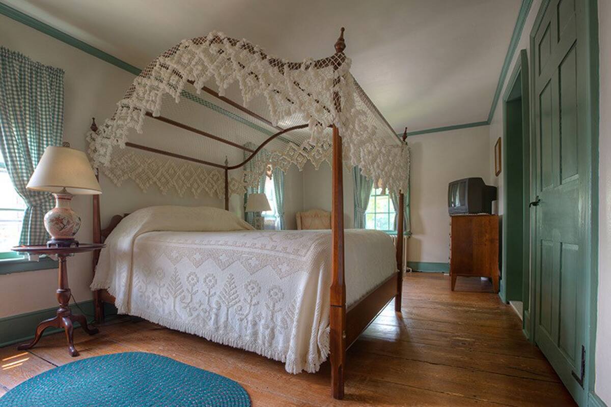 Una cama con dosel sobre cuatro columnas, dosel blanco, suelo de madera y puerta verde.
