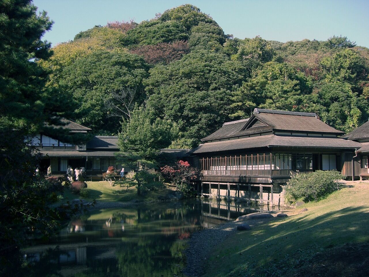 A traditional Japanese-style building with a wooden structure and a pond in front.