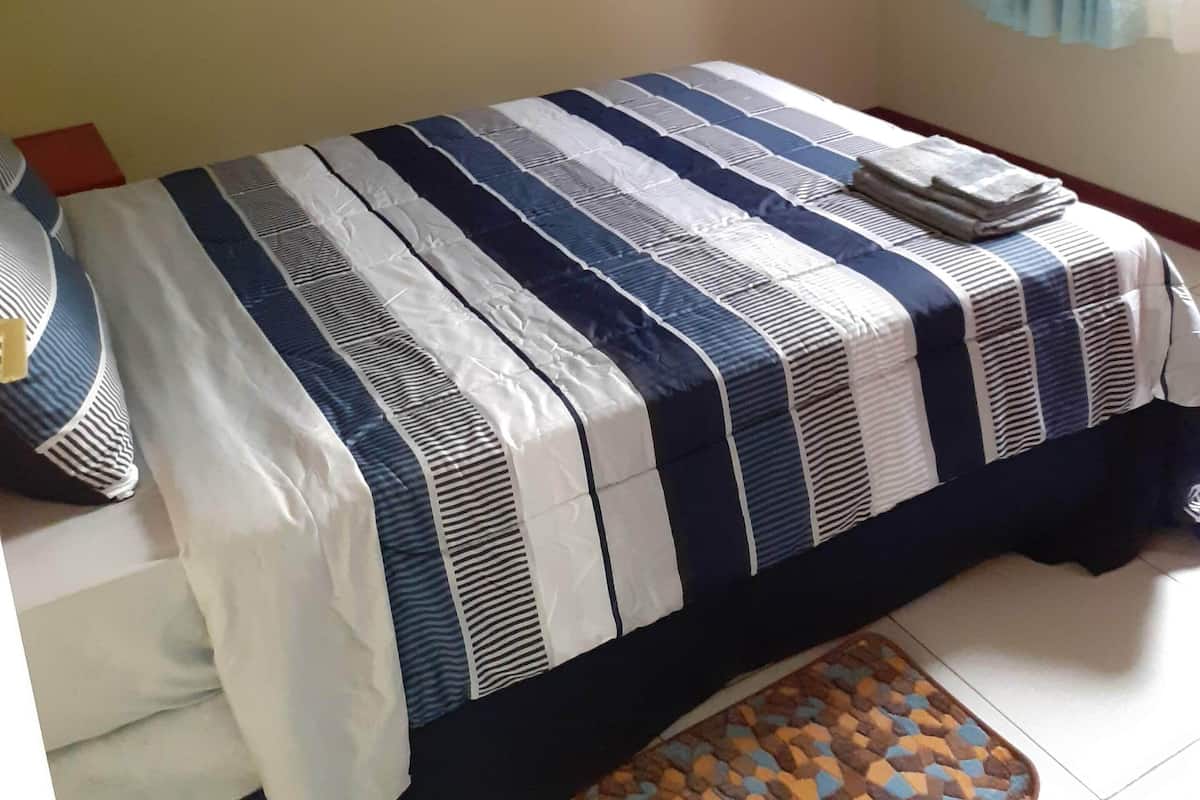 A bedroom with a bed, a window with curtains, a wall-mounted air conditioner, and a small rug.