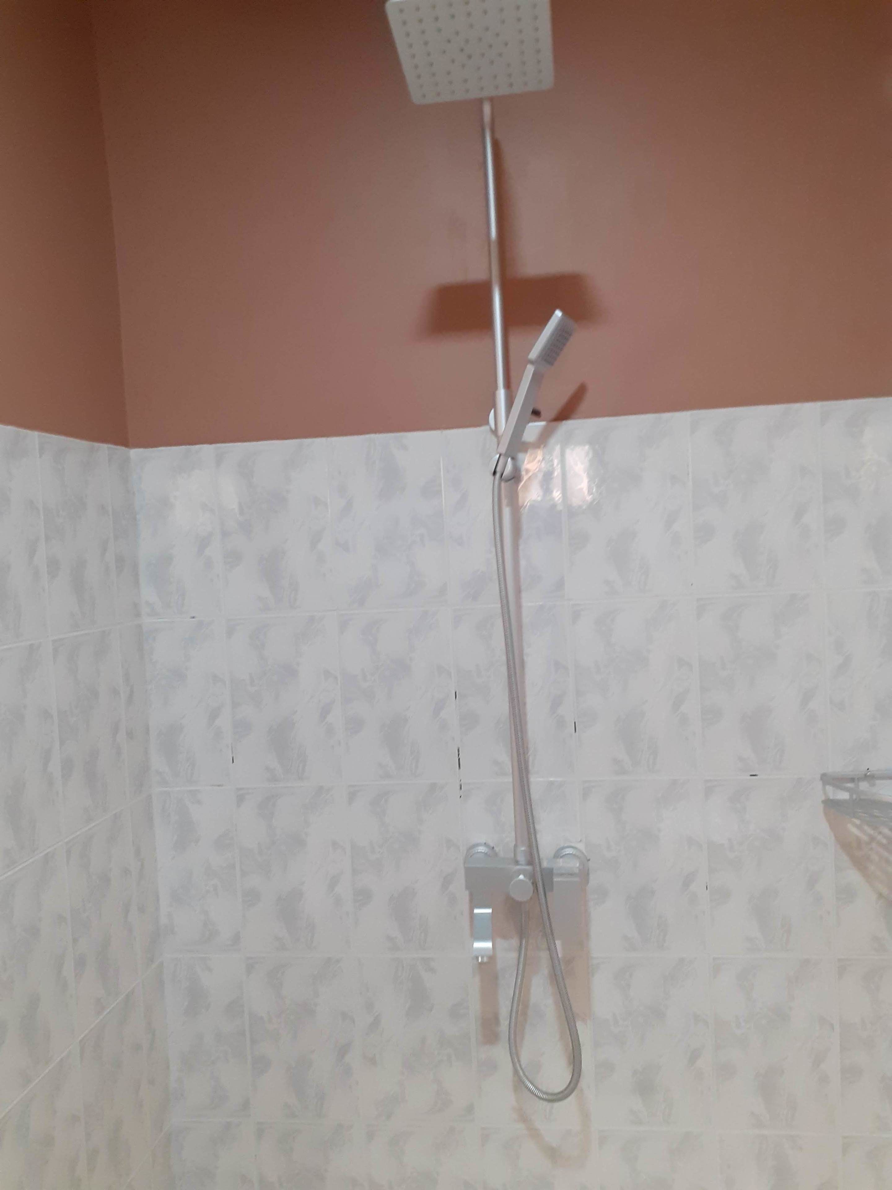 Ducha con cabezal de ducha de mano y otro fijo en el techo.