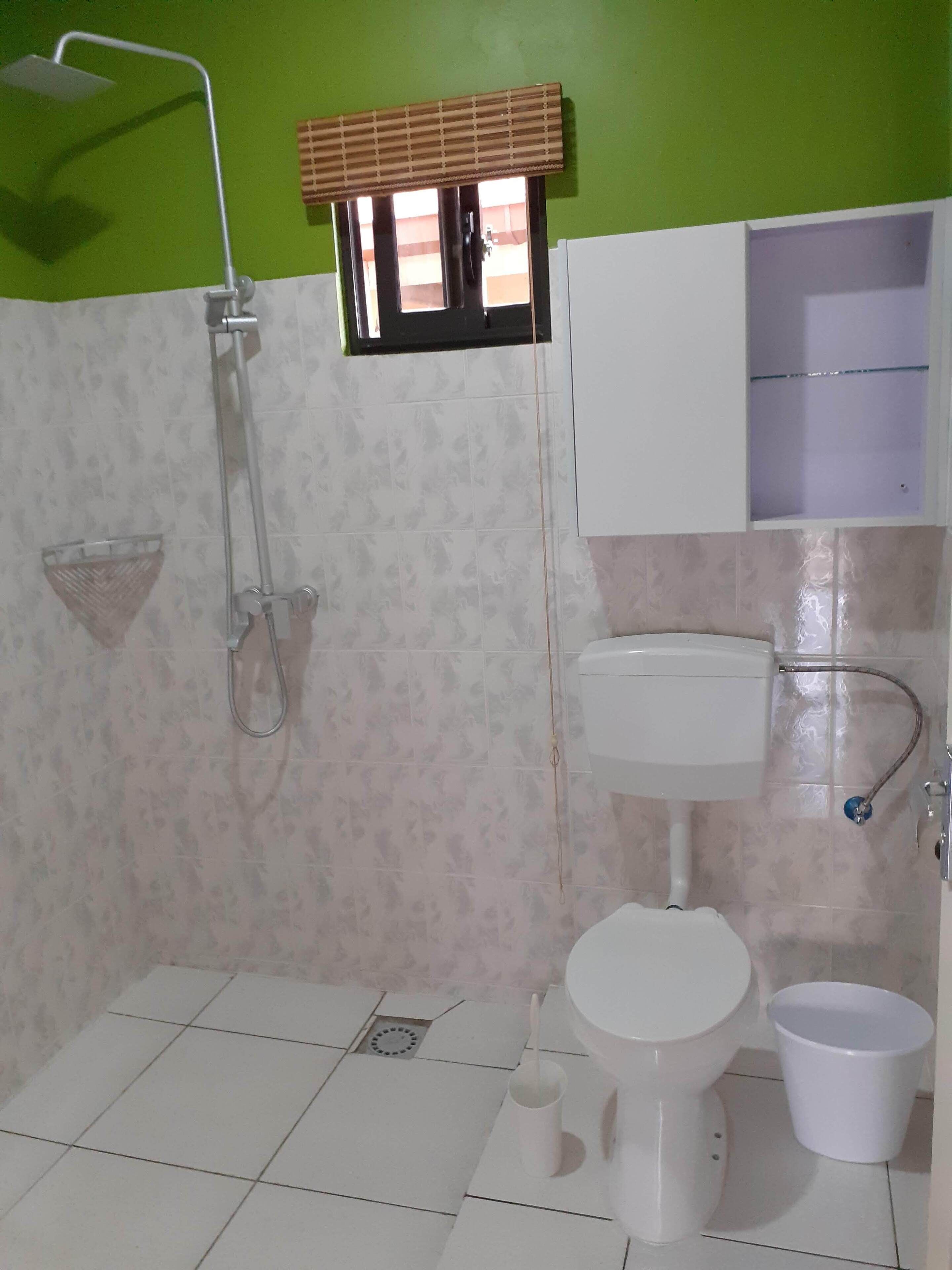 Une salle de bain avec douche, toilettes et lavabo.