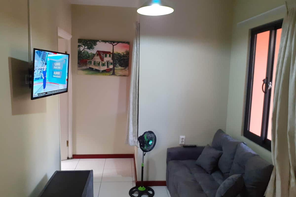 A living room with a grey sofa, a TV mounted on the wall, a standing fan, and a painting of a house.