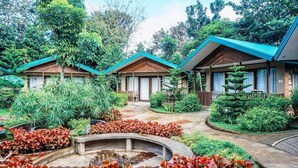 A resort with three wooden-roofed cottages surrounded by lush greenery and a central water feature. - Ted's Bed and Breakfast (Santa Cruz)