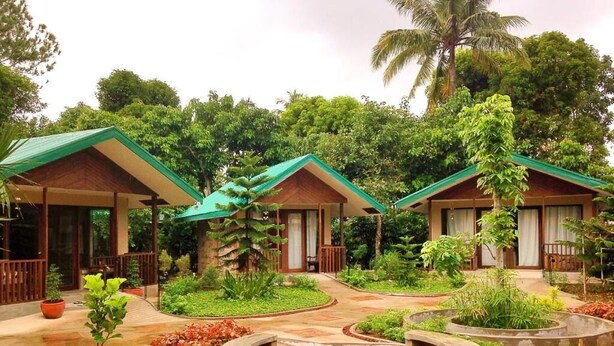 A row of bungalow-style accommodations with green roofs, surrounded by lush greenery and palm trees. - Ted's Bed and Breakfast (Santa Cruz)
