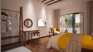 A bedroom with a bed, a desk, a chair, a mirror, and a window with curtains. - Banana Flower Homestay (Da Nang)