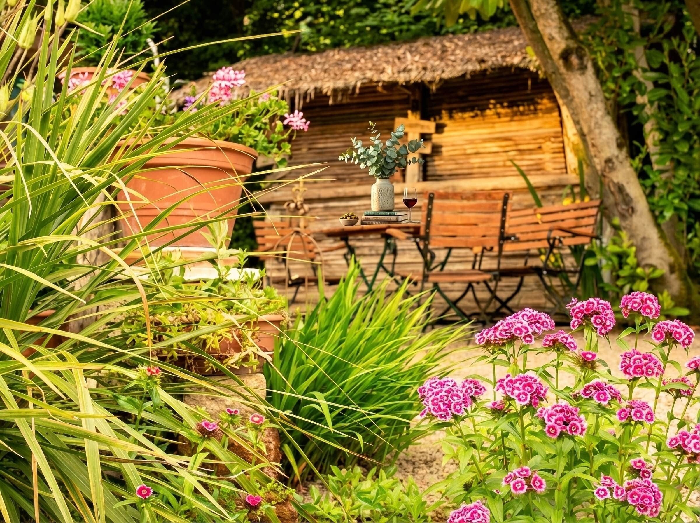 Une cabane rustique en bois, dotée d’un toit de chaume, entourée d’une végétation luxuriante et de plantes en fleurs.