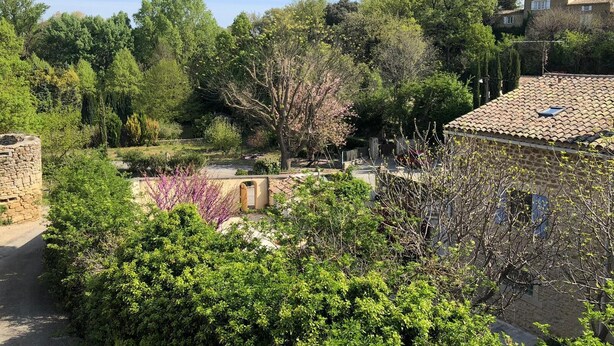 A courtyard with stone walls, a garden with various plants, and a building with a tiled roof. - Apartment in a quiet village house (Colonzelle)