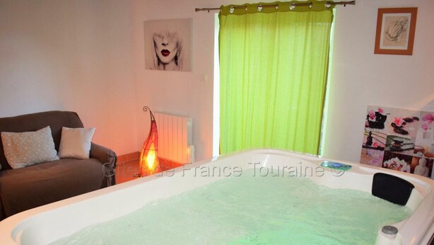 Une pièce avec une grande baignoire remplie d’eau, un canapé marron avec des coussins, un radiateur fixé au mur et un tableau encadré.