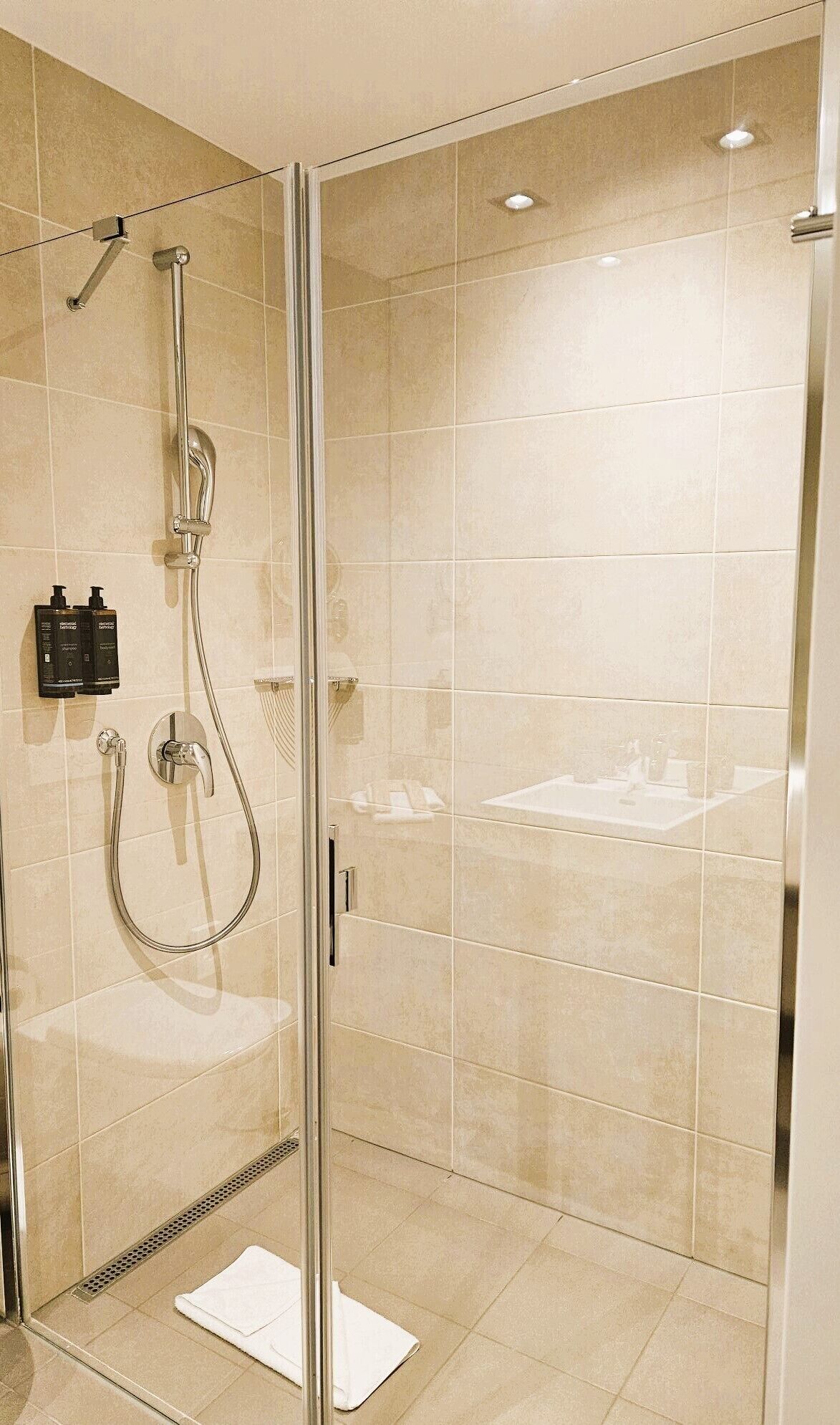 shower, eco-friendly toiletries, hair dryer, towels