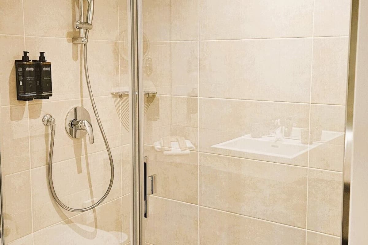 shower, eco-friendly toiletries, hair dryer, towels