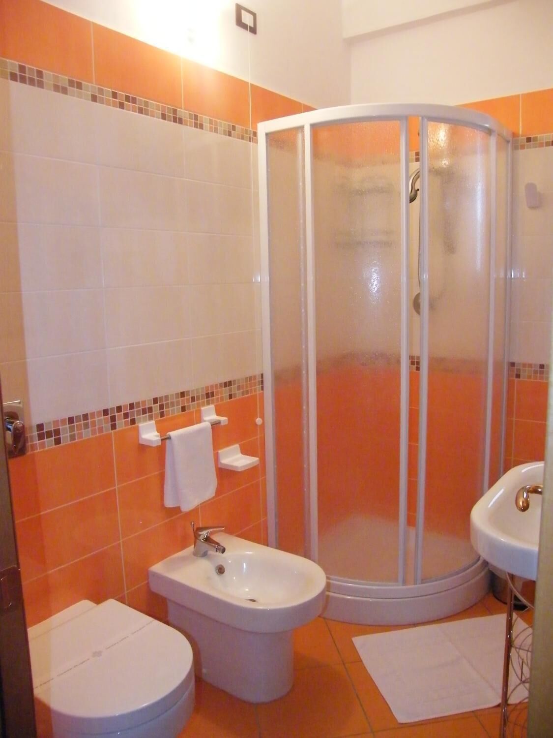A bathroom with a shower, bidet, toilet, and sink.