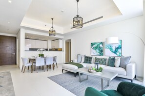 DHH - 2 Beds For The Price of 1 Bed Mada Residences Downtown | Living area | TV - Driven Holiday Homes - Mada Residences (Dubai)