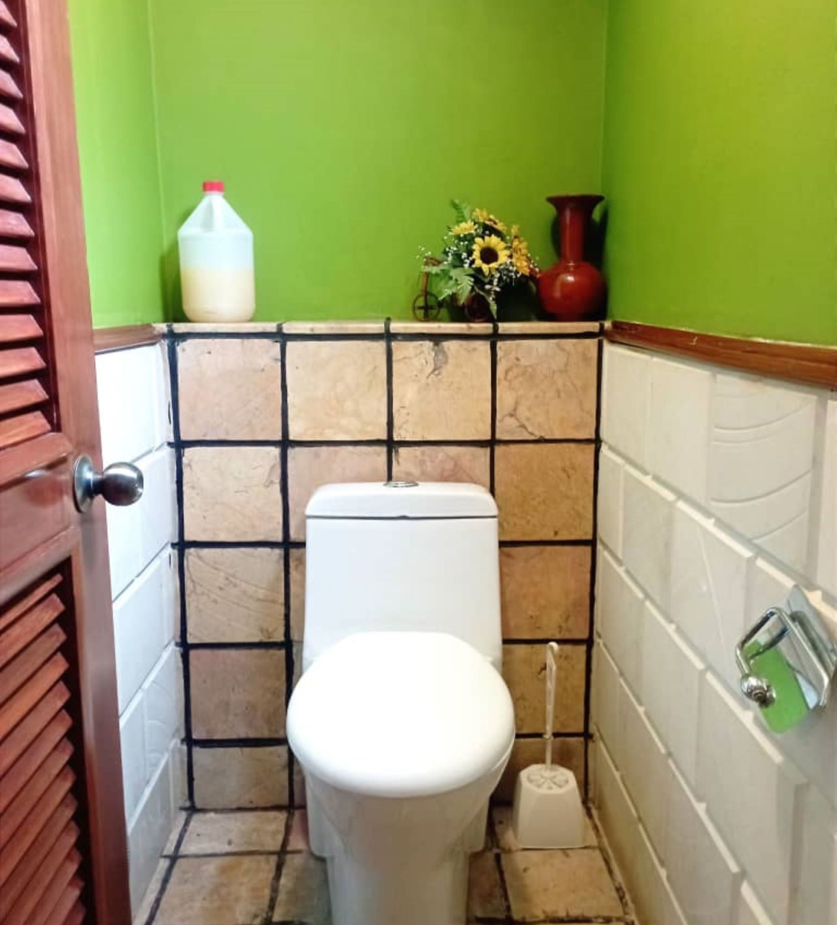 Een kleine badkamer met een toilet, een toiletborstel en een vaas met bloemen aan de muur.