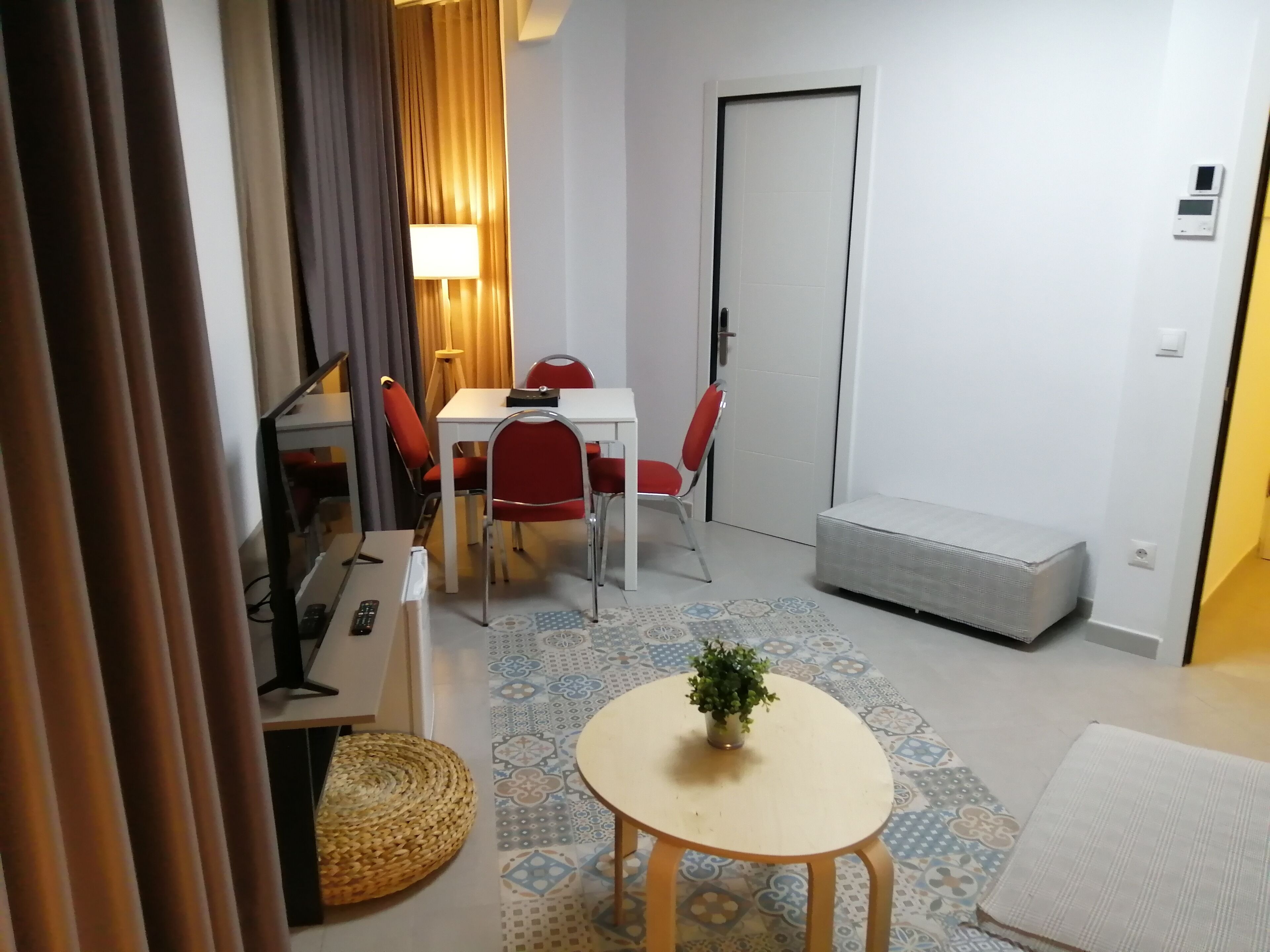 A compact living space with a dining area, a sofa, a small table with a plant, and a door.