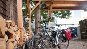 Un vélo est garé sous une structure en bois, à côté d’une pile de bois de chauffage.