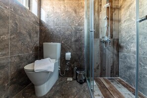 Shower, hair dryer, slippers, towels