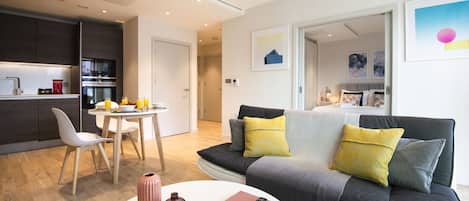 Apartamento de lujo, 1 habitación, no fumadores | Zona de estar | Una televisión de plasma, Netflix, suelo radiante