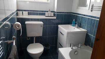 Basic Apartment | Bathroom | Combined shower/bathtub, deep-soaking bathtub, hair dryer, towels