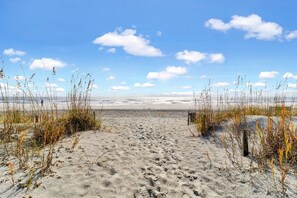 On the beach, sun-loungers