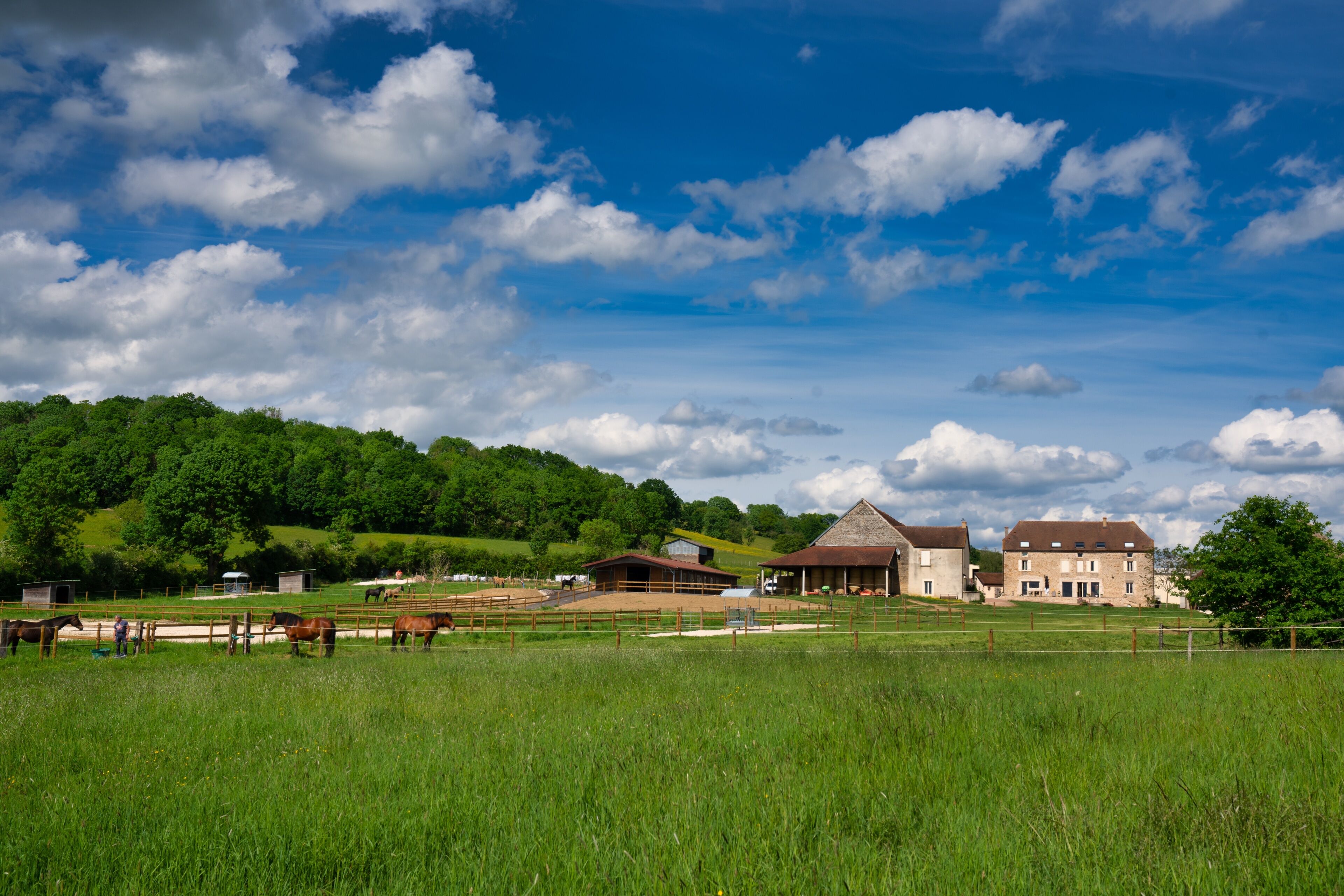 A rural landscape with a large stone building, a fenced horse paddock, and a lush green hill in the background.