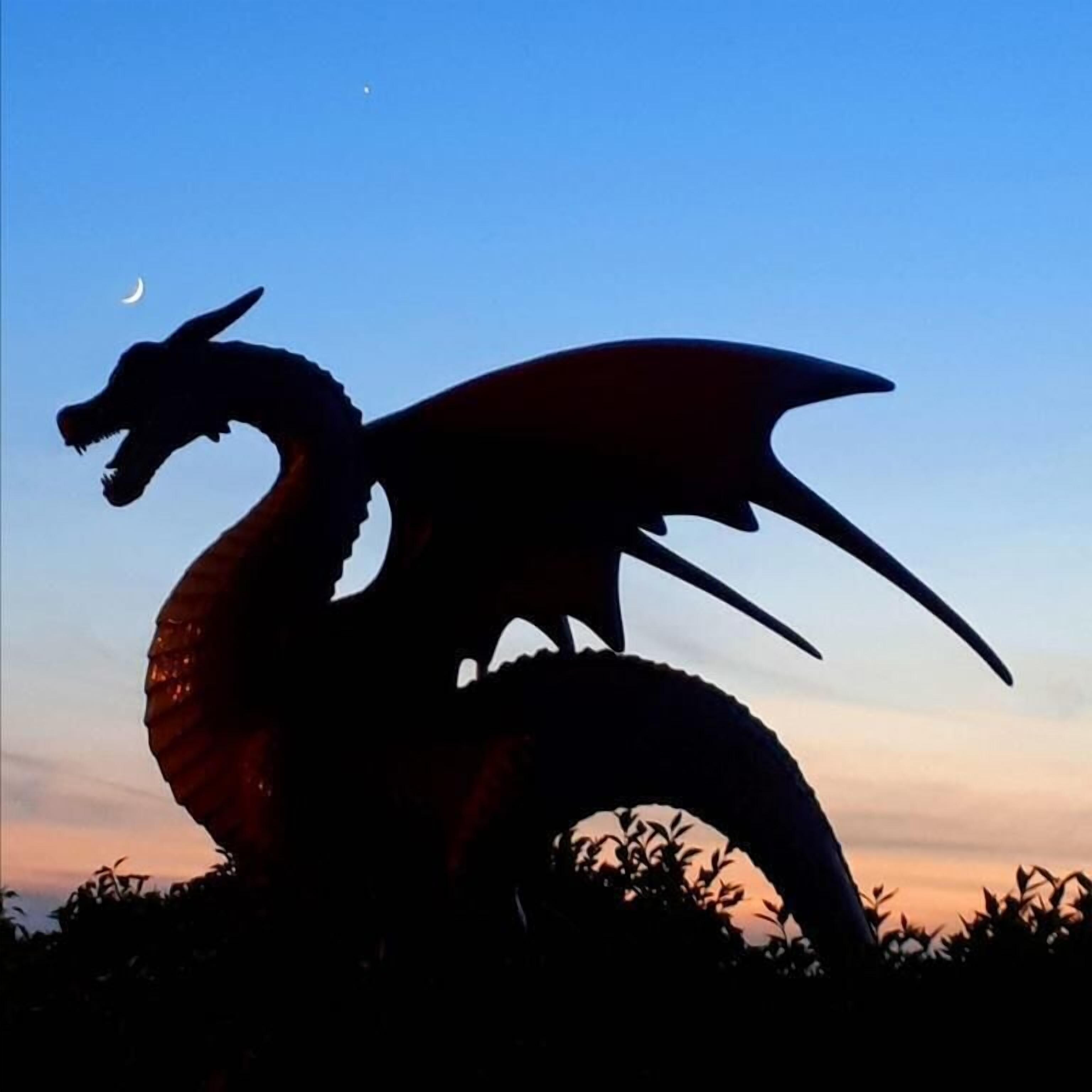 A dragon silhouette against a twilight sky.