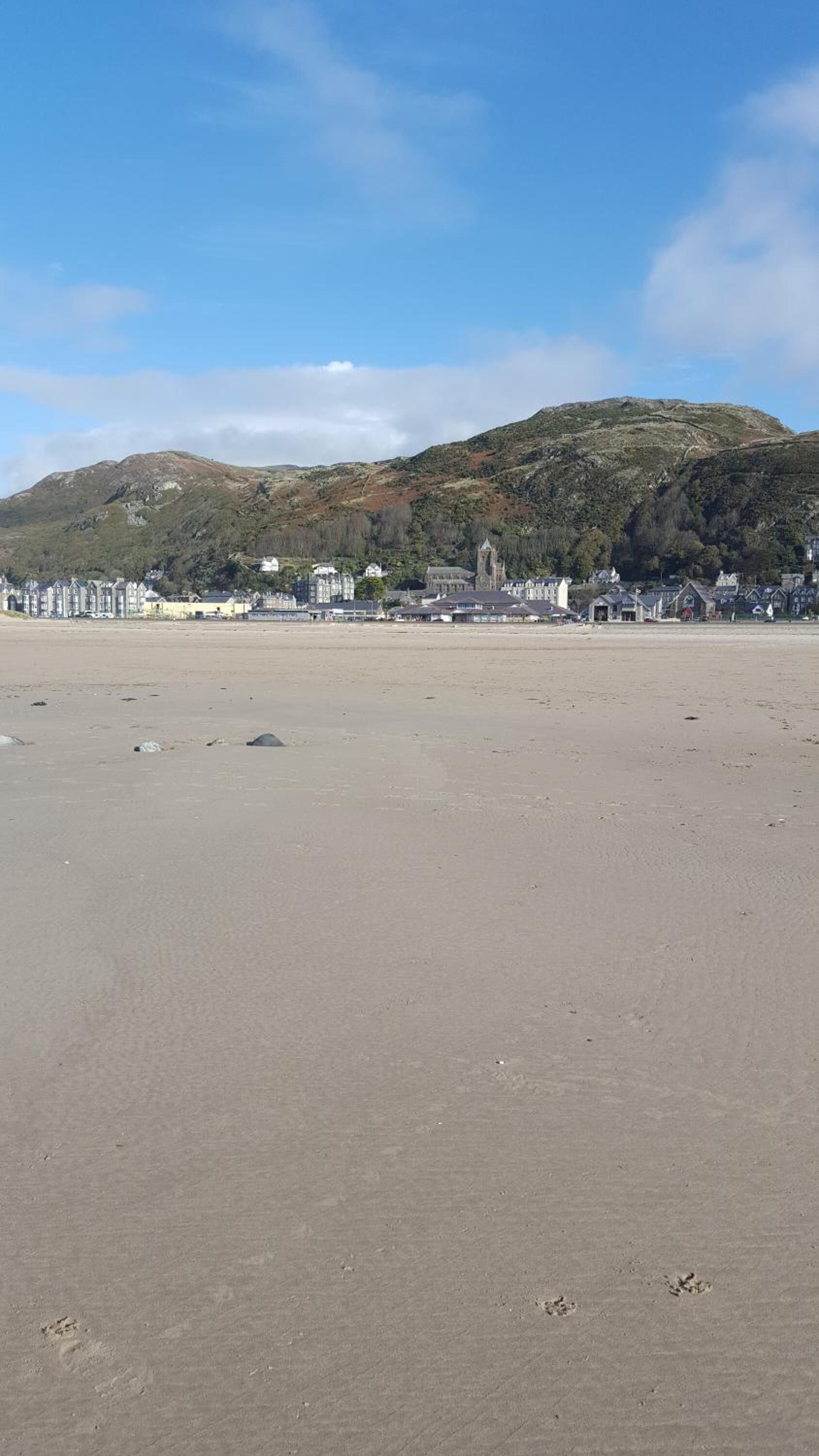 A beach with a town in the background, including a church and residential buildings.
