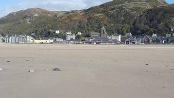 A beach with a town in the background, including a church and residential buildings.